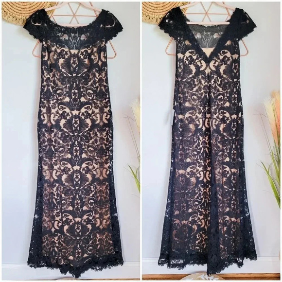 TADASHI SHOJI, New, Adena Corded Embroidery Tulle Black Nude Gown Dress, SZ 12P - Picture 2 of 11